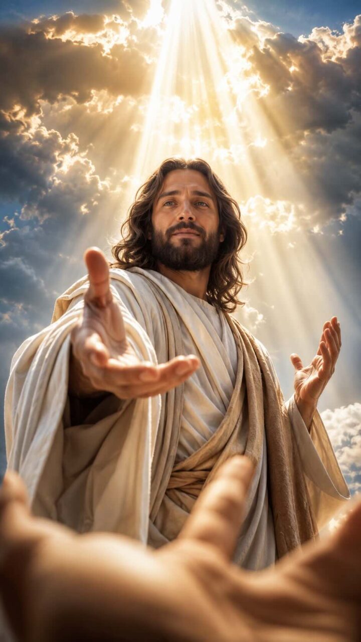 Jesus estendendo a mão e uma luz celestial no céu