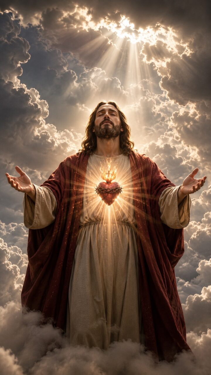 Jesus nas nuvens com o sagrado coração