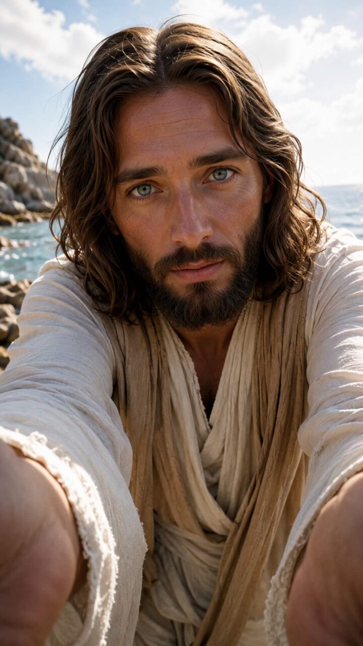 Jesus segurando a camera com olhos azuis