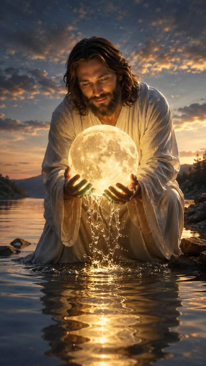 Jesus segurando uma lua dentro de um lago