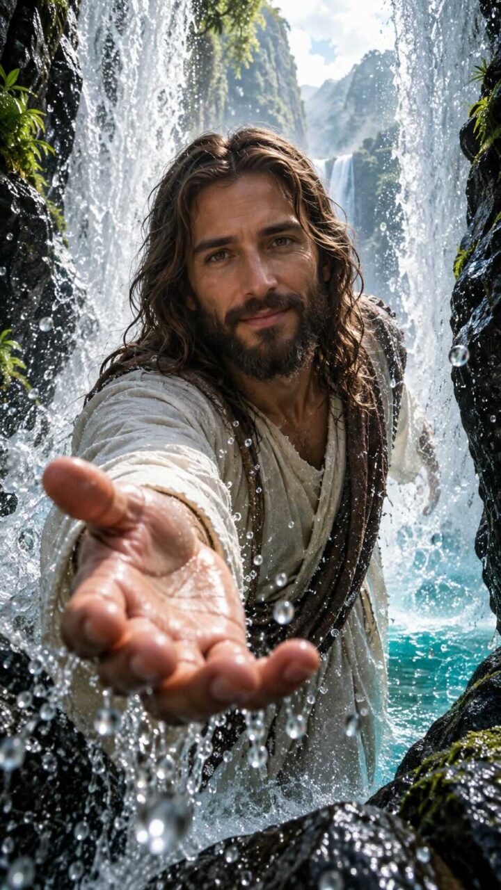 Jesus com a mão estendidas no meio de uma cachoeira